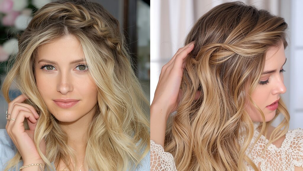 boho floral braided hairstyle 