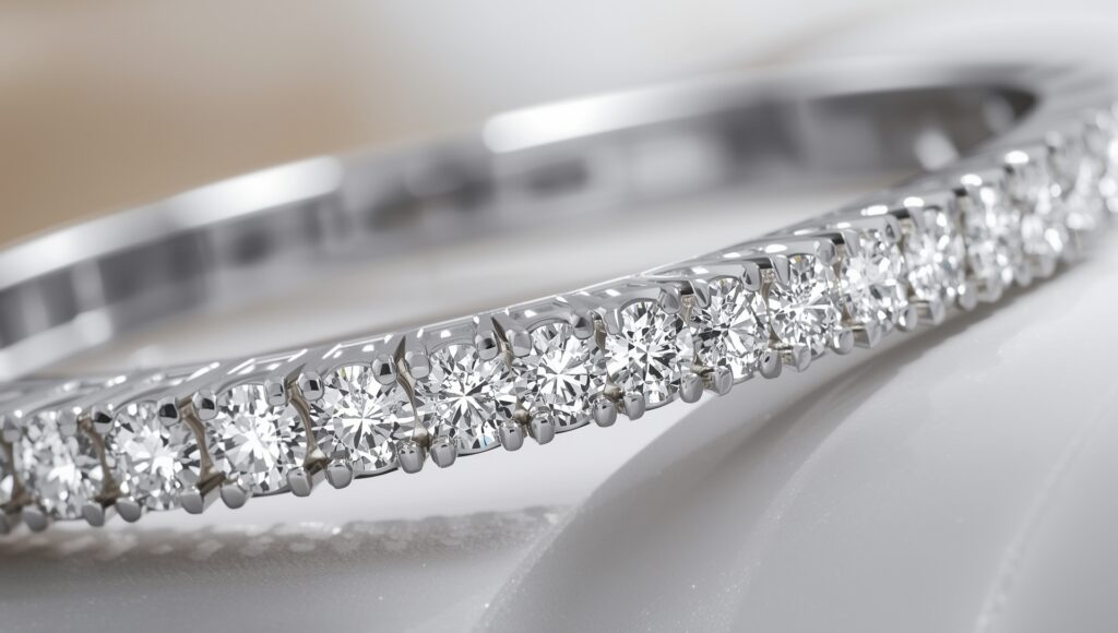 Close-up of diamond bangle bracelet white gold showing craftsmanship
