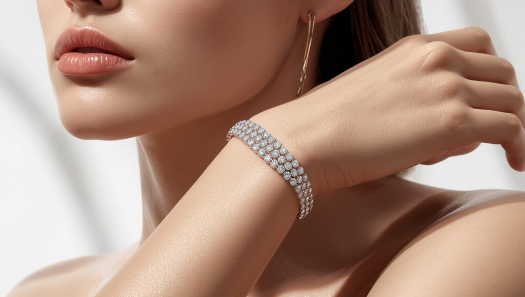 Close-up view of white gold diamond bracelet showing fine craftsmanship