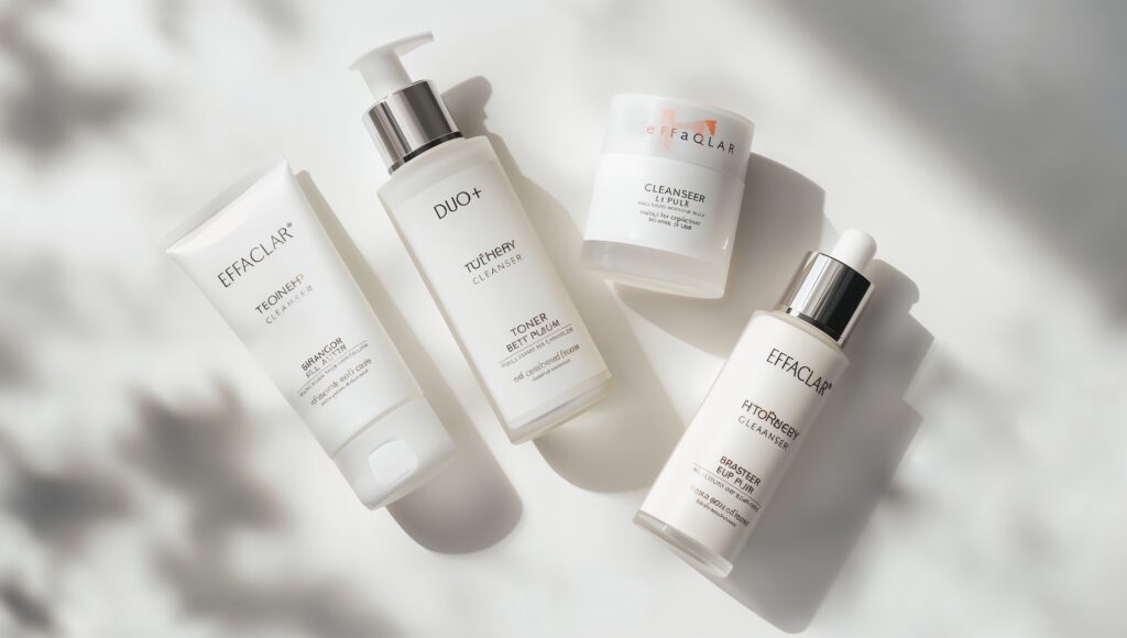 Best La Roche-Posay Acne Treatment for Fast Results (2026) Flat-lay image showing the Effaclar cleanser, toner, Duo+, and moisturizer together.